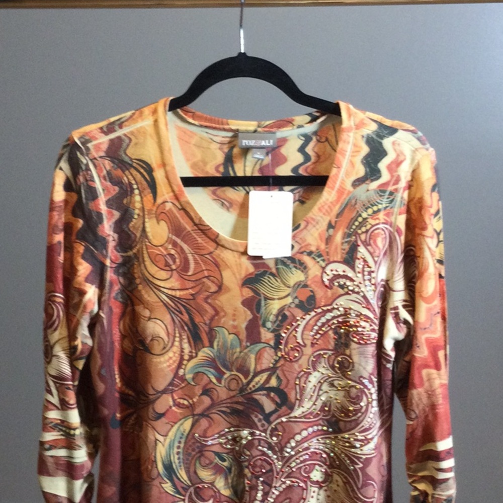 NWT L Roz & Ali Multicolor Floral-Print Long Sleeve Sharkbite Tunic - Rust - Picture 5 of 16